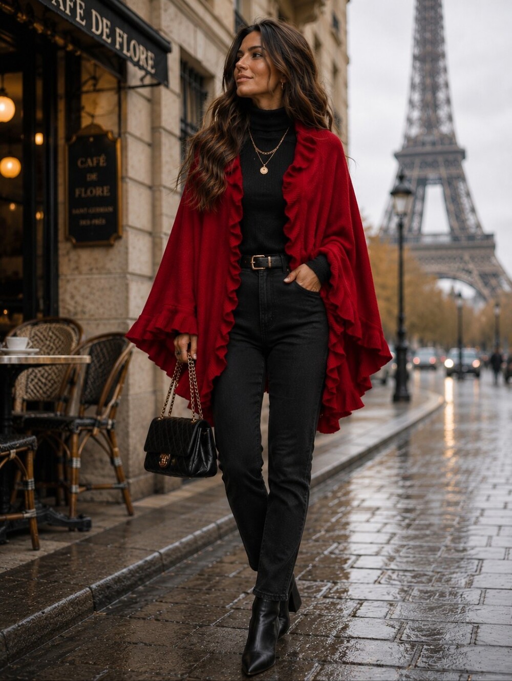 Lava Red Ruffle Cape Wrap Soft Knit Fall 2026 Trending Color Vintage SZ:L